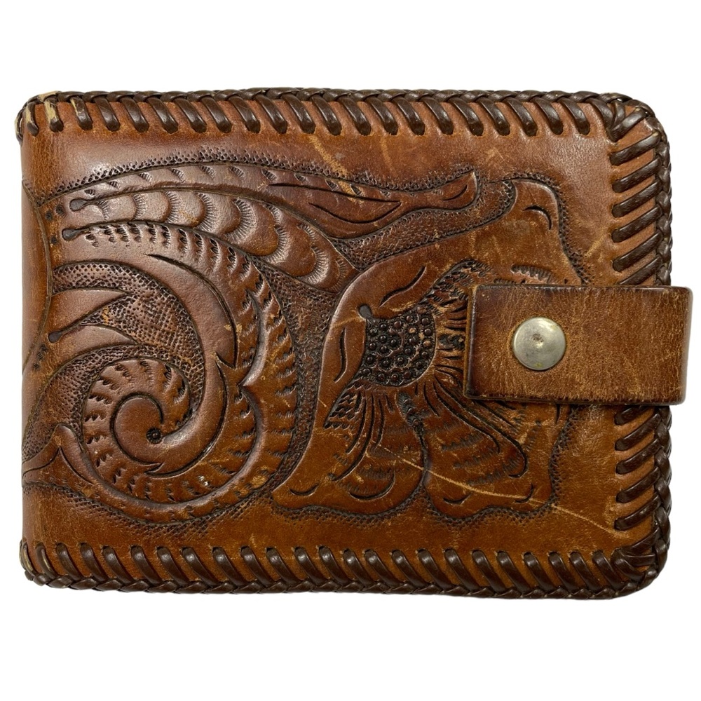 Vintage Tooled Leather Folding Wallet Handmade Western Southwest Filagree Detail